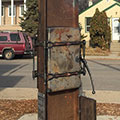 Infrastructure #5 - Free Library, 2018. 118h x 36w x 24d inches. Collaborators: Ian James Epp and Tammy Gebhardt, Saskatoon; Benedikt Walbreght, Helena Brueing and Simon Hagen, Germany; Sam Ritter, USA/Sweden. Weight: approximatley 1,200 pounds. Photo: M Craig Campbell